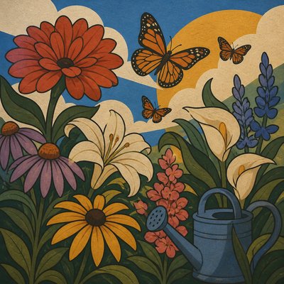 a garden scene with butterflies, flowers and a watering can, clean uncolored line art, no text