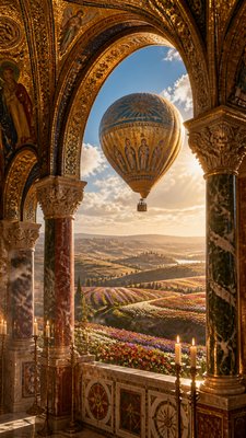 a hot air balloon drifting over rolling flower fields on a sunny day, cheerful, no text