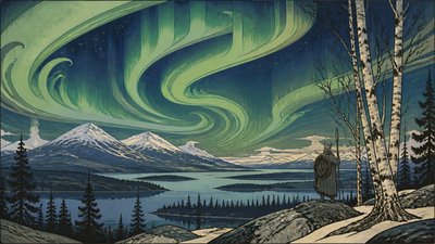 a flowing aurora over snowy peaks, wide sweeping composition, no people, no text