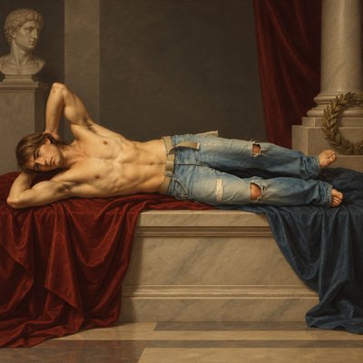 a painting of a man laying on a bed
