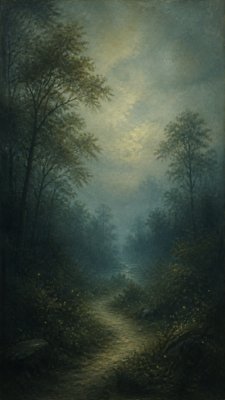 a mysterious forest path with fireflies and drifting mist, atmospheric vertical composition with open space at the top, no text