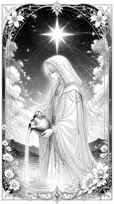 a robed figure pouring water beneath a large eight-pointed star in a night sky, symmetrical composition with an ornate decorative border, no text