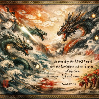 “In that day the LORD with his sore and great and strong sword shall punish leviathan the piercing serpent, even leviathan that crooked serpent; and he shall slay the dragon that is in the sea. In that day sing ye unto her, A vineyard of red wine.” (Isaiah 27:1-2, KJVA)
