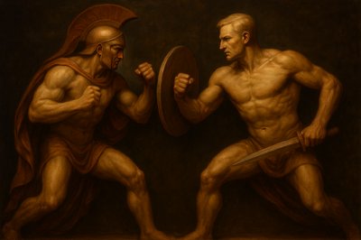 a painting of two men fighting each other