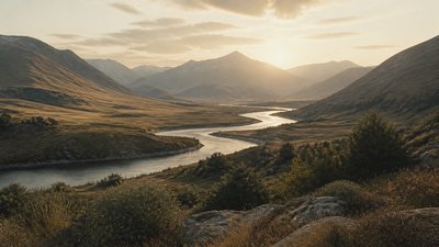 a vast valley with a river winding toward distant mountains at sunrise, no people, no text