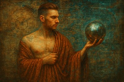 a painting of a man holding a crystal ball