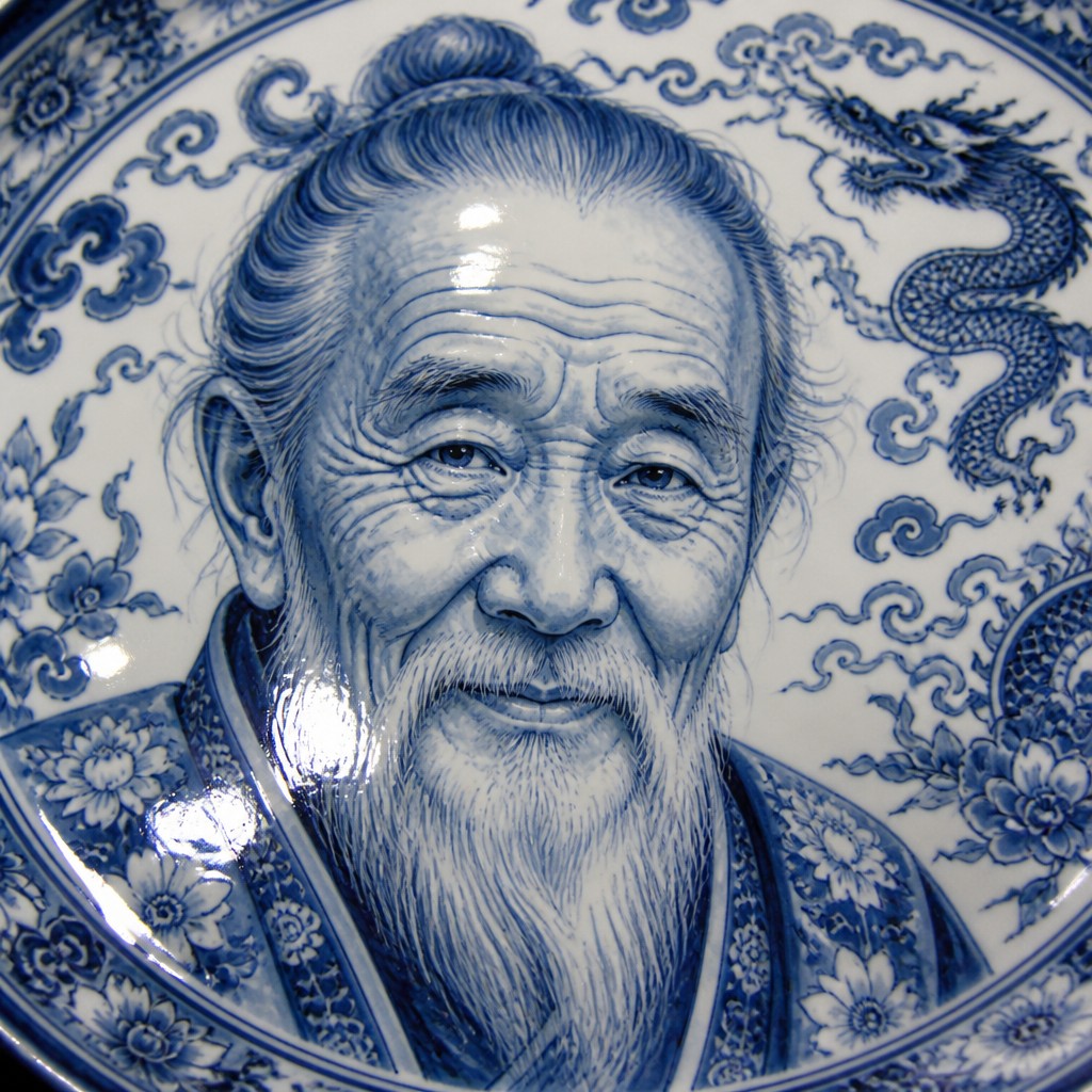 close-up portrait of an elderly person with expressive weathered features — Ming Porcelain Art Style