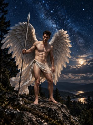 a man with angel wings standing on top of a mountain