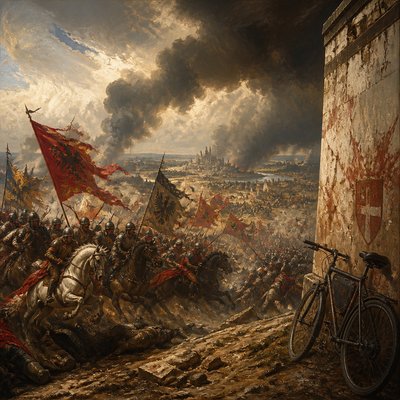 bicyle resting against a wall — Battle Scene Painting Style