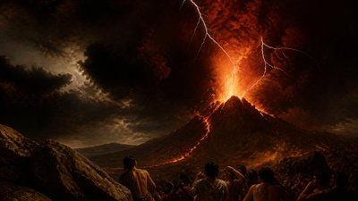 an erupting volcano with lightning strikes, dramatic wide composition, no text