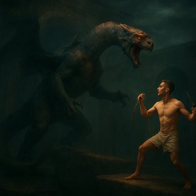 a man holding a knife in front of a monster