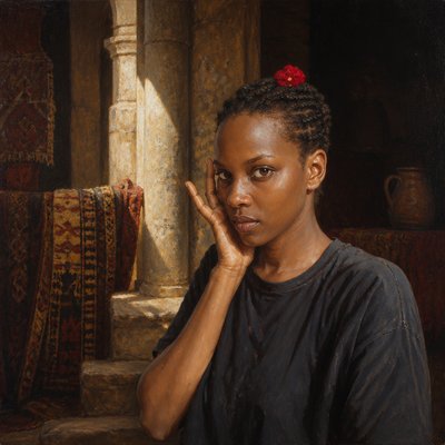 a painting of a woman with a red flower in her hair