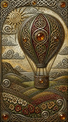 a hot air balloon drifting over rolling flower fields on a sunny day, cheerful, no text