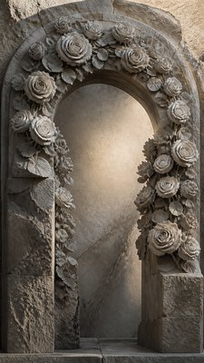 an arch of white roses and eucalyptus in soft morning light, elegant vertical composition with open space, no text