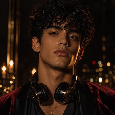 head-and-shoulders portrait of an original character: a young man with curly dark hair and headphones around his neck, plain backdrop, no text