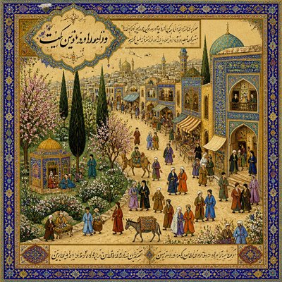 urban street with city activity — Persian Art Style
