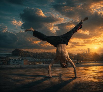 a man doing a handstand in front of a sunset