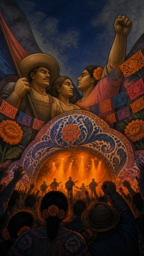 a live music scene with a glowing stage and silhouetted crowd, energetic vertical composition with open space at the top, no text