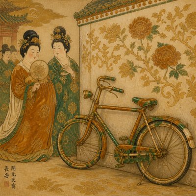 bicyle resting against a wall — Tang Dynasty Art Style