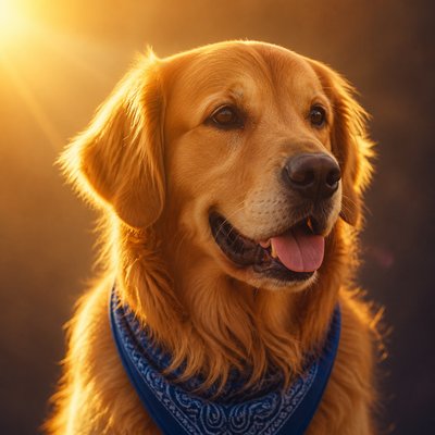 portrait of a golden retriever wearing a blue bandana, warm plain backdrop, no text