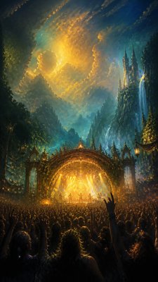a live music scene with a glowing stage and silhouetted crowd, energetic vertical composition with open space at the top, no text
