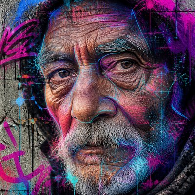 close-up portrait of an elderly person with expressive weathered features