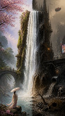 towering waterfall cascading down a cliff