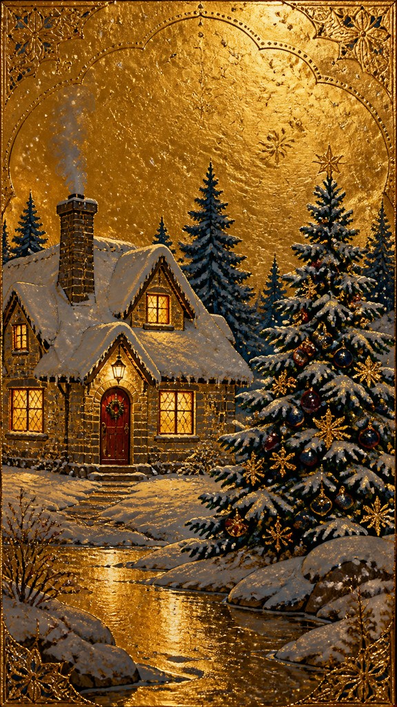 a snow-covered cottage with warm glowing windows beside a decorated pine tree, gentle snowfall, no text