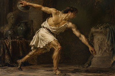 ancient greek discobulos throwing discus midair