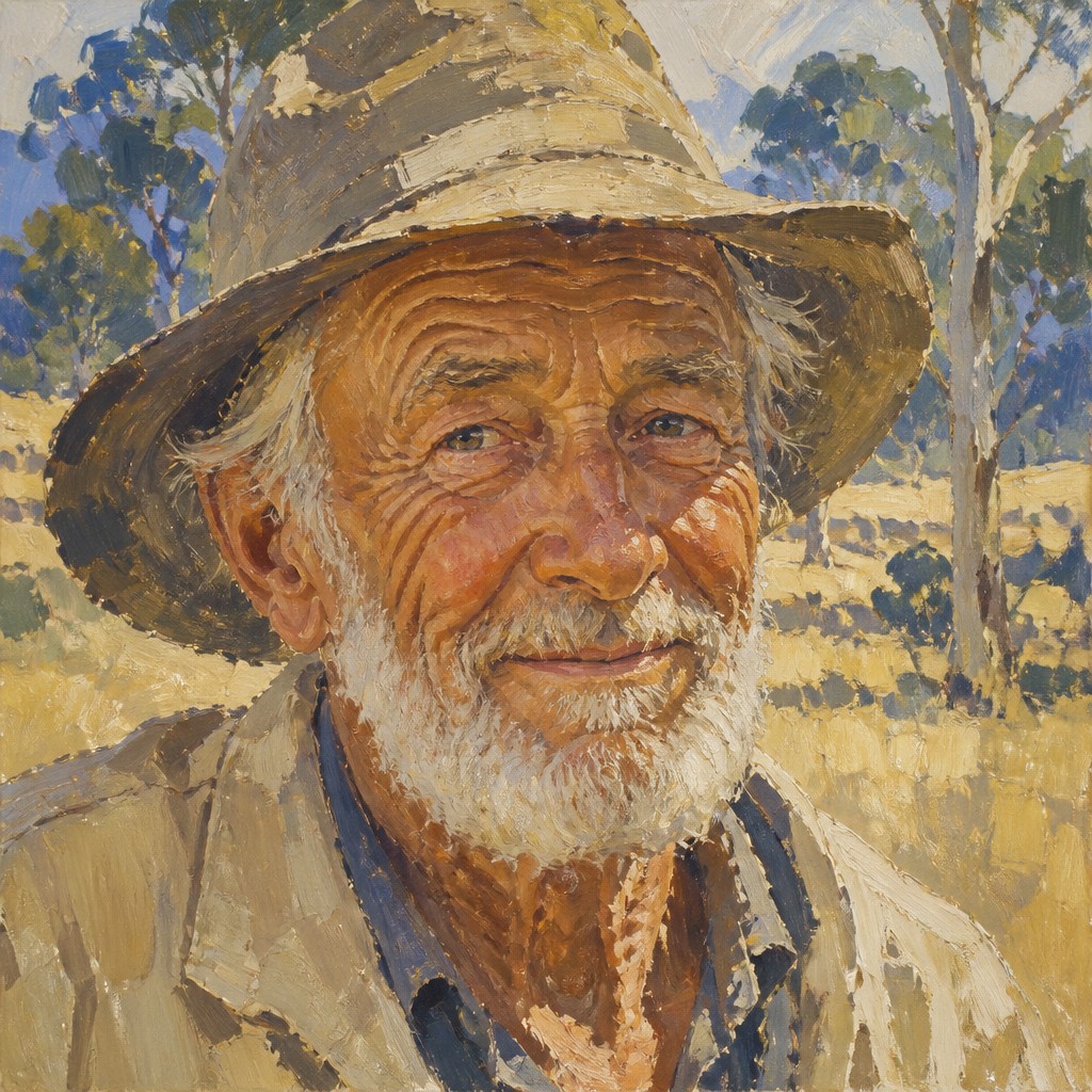 close-up portrait of an elderly person with expressive weathered features — Heidelberg School Art Style