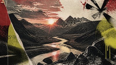 a vast valley with a river winding toward distant mountains at sunrise, no people, no text
