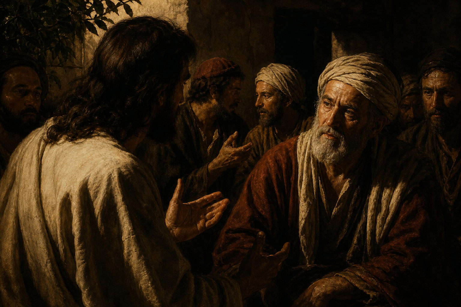 “And one of the scribes came up and heard them disputing with one another, and seeing that he answered them well, asked him, “Which commandment is the most important of all?” Jesus answered, “The most important is, ‘Hear, O Israel: The Lord our God, the Lord is one. And you shall love the Lord your God with all your heart and with all your soul and with all your mind and with all your strength.’ The second is this: ‘You shall love your neighbor as yourself.’ There is no other commandment greater than these.” And the scribe said to him, “You are right, Teacher. You have truly said that he is one, and there is no other besides him. And to love him with all the heart and with all the understanding and with all the strength, and to love one’s neighbor as oneself, is much more than all whole burnt offerings and sacrifices.” And when Jesus saw that he answered wisely, he said to him, “You are not far from the kingdom of God.” Jesus stands among His disciples in a shady patio area outdoors talking to this scribe. His disciples wonder at the exchange. Several of them are also engaged in conversations set around the one Jesus is having. We see Jesus from the left rear quarter, where we can see only the back of His head and the side of his face. His hands are expressing His point. The scribe to whom He speaks has a poignant, thoughtful expression.
