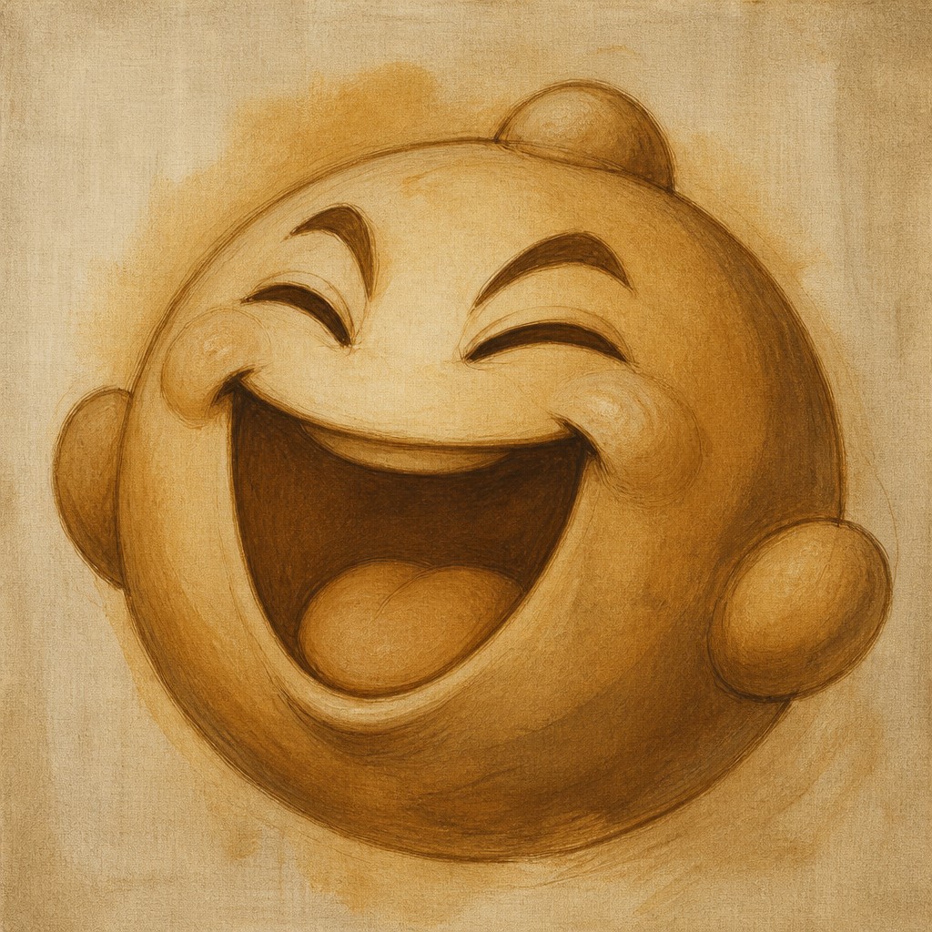 an exaggerated laughing face of an original round mascot character, bold and readable at small size, plain background, no text