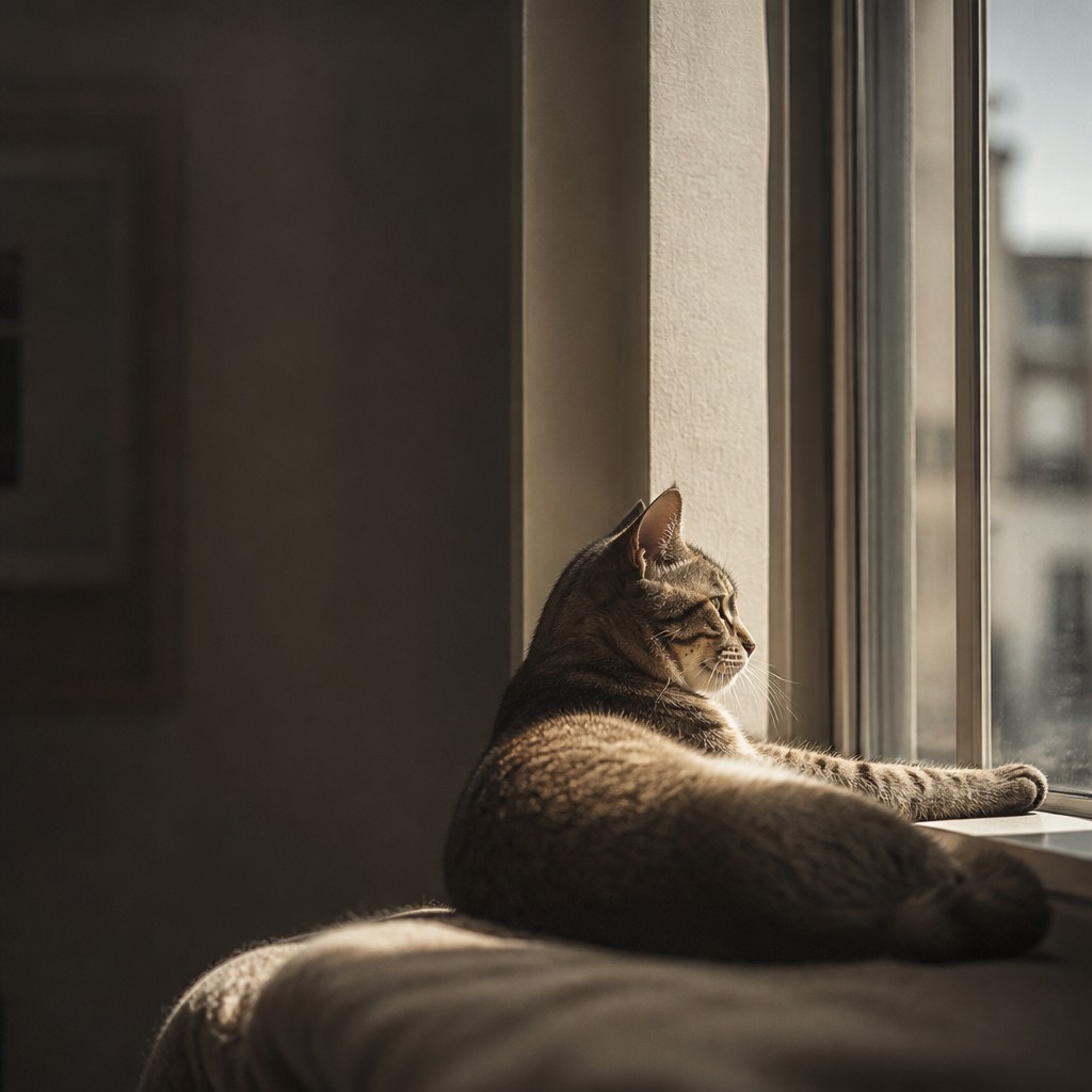 a cat lounging in a sunlit window