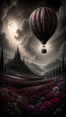 a hot air balloon drifting over rolling flower fields on a sunny day, cheerful, no text
