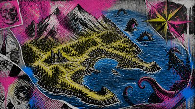 a map of an island realm with mountains, forests, a sheltered bay, sea monsters in the water and a compass rose, no text labels