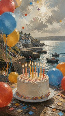 a birthday cake with lit candles surrounded by balloons and confetti, festive vertical composition, no text