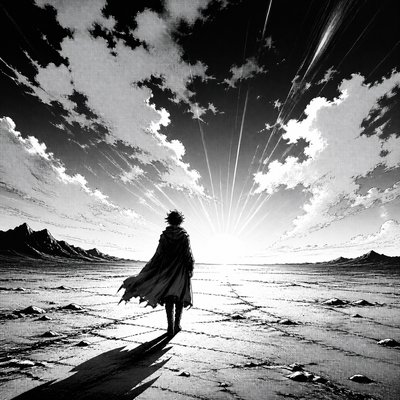a solitary figure walking toward a glowing horizon across an empty plain, moody atmosphere, no text or lettering