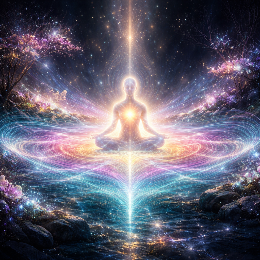 Art Style: Ethereal, visionary digital art. A fusion of bioluminescence, sacred geometry, and fluid dynamics. The aesthetic should feel transcendent, glowing, and incredibly soft yet powerful.
Central Focus (The Source): A human figure in a state of pure, peaceful meditation or ecstatic dance sits in the center of the frame. Their body is semi-translucent, glowing from within with warm white and golden light, acting as a living resonator.
The Frequency (The Positive Force): Emanating directly from the figure's heart center are visible, powerful waves of vibrational energy.
Appearance: These aren't simple lines; they are complex, flowing ripples of interwoven light patterns, resembling three-dimensional cymatics (the geometric patterns sound makes in sand or water) and flowing silk.
Colors: A healing palette of radiant cyan, amethyst purple, warm honey-gold, and soft rose pink. The colors blend and shift as the waves move outward.
The Effect on the Environment: The scene shows the positive impact of this frequency. The figure is sitting in a dormant, grey landscape. As the colorful frequency waves ripple outwards and touch the surroundings:
Dull rocks instantly transform into glowing, crystalline formations.
Bare, gnarled branches burst into shimmering leaves and flowers made of light.
The air itself seems to shimmer with golden dust motes caught in the vibrational field.
Overall Atmosphere: Uplifting, healing, and dynamic. A visualization of sound and energy creating order and beauty out of chaos.