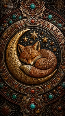 a sleeping baby fox curled on a crescent moon among soft stars, gentle and warm, no text