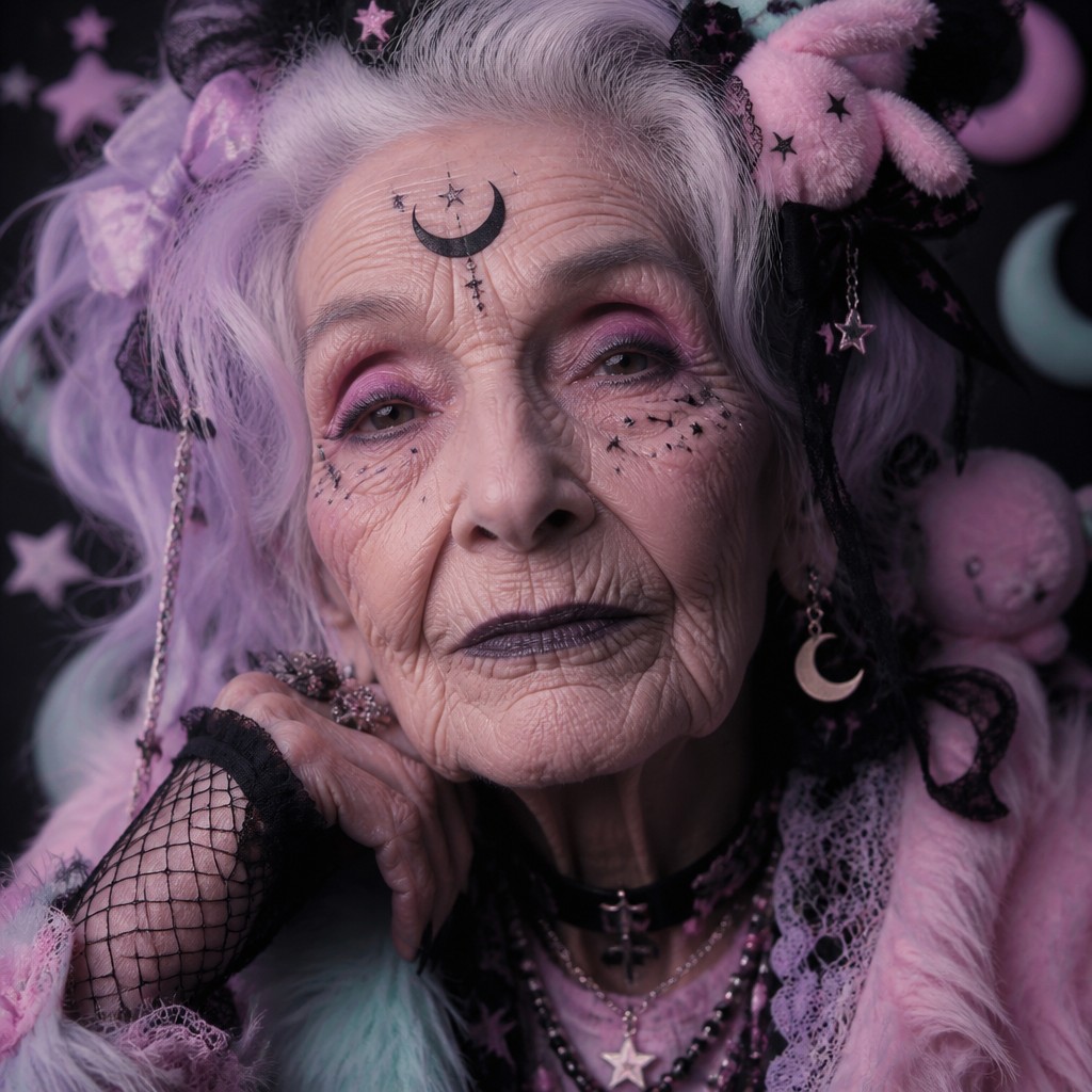 close-up portrait of an elderly person with expressive weathered features — Pastel Goth Aesthetic