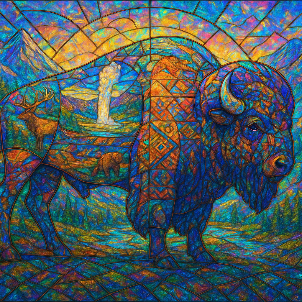     A breathtaking and vibrant artwork rendered entirely in the style of a grand, traditional stained glass masterwork, without any visible window frame or architectural borders. The central, dominant subject is a majestic, life-sized buffalo, meticulously composed from countless individual pieces of richly colored, textured, and patterned stained glass, seamlessly joined by intricate lead lines.

    The entire surface of this stained glass buffalo is adorned with miniature, finely detailed scenes and patterns created directly from the cut and arranged glass pieces themselves. These integrated scenes within the buffalo's form vividly depict:

        Iconic Yellowstone landscapes: Old Faithful erupting, the Grand Canyon of the Yellowstone, and geothermal pools, all rendered through brilliant, luminous glass.

        Local wildlife: Elk, bears, wolves, and eagles, seamlessly depicted with incredible detail through various glass textures and colors.

        Native American art motifs: Geometric patterns and symbols, intricately incorporated as part of the glass design.

    The areas surrounding the buffalo within this expansive stained glass artwork extend the Yellowstone theme, depicting a vast, stylized landscape of soaring mountains, dense pine forests, a winding river, and a vibrant sky, all rendered in the same luminous stained glass technique.

    The entire artwork is bathed in brilliant, natural light streaming through it, causing every piece of glass to glow with dazzling, jewel-toned colors. Light refracts and casts intricate, colored patterns outwards, creating an immersive, ethereal atmosphere as if the artwork itself is a portal. The artistic style emphasizes the exquisite craftsmanship, the seamless transitions of colored light, and the profound beauty of both the buffalo and the Yellowstone wilderness it represents, presented as a singular, unbounded work of luminous art.