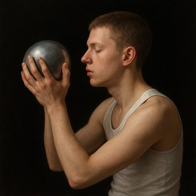 a man holding a silver ball in his hands