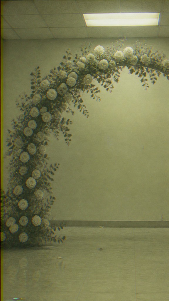 an arch of white roses and eucalyptus in soft morning light, elegant vertical composition with open space, no text