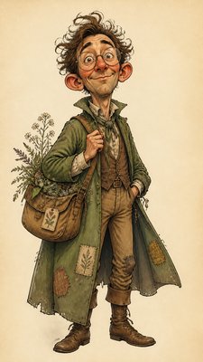 full-body original character: a wandering botanist with a satchel of plants, a patched green cloak, tall boots and round glasses, neutral background
