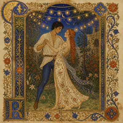 an original couple dancing under string lights in a garden at dusk: a man with short black hair in a linen shirt and a woman with braided red hair in a summer dress