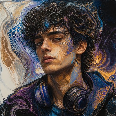 head-and-shoulders portrait of an original character: a young man with curly dark hair and headphones around his neck, plain backdrop, no text