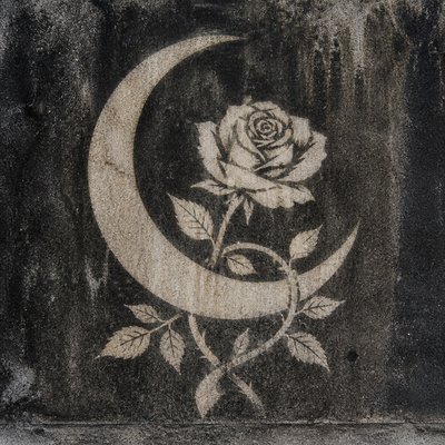 a rose entwined with a crescent moon, clean balanced composition on a plain background, no text