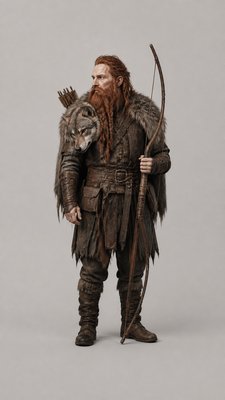 full-body original character: a dwarven ranger with a braided auburn beard, worn leather armor, a longbow and a wolf-pelt cloak, neutral background, no text