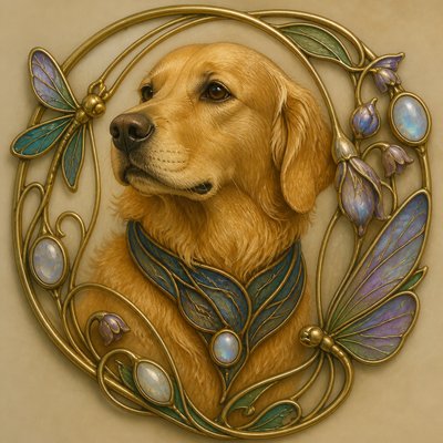 portrait of a golden retriever wearing a blue bandana, warm plain backdrop, no text